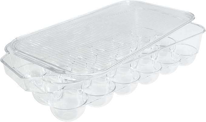 Kitchen Spaces Deluxe Egg Tray, Holds 18 Eggs, Refrigerator Storage Container with Lid, Stackable Fridge Organizer, Crush-Proof, BPA-Free, Clear