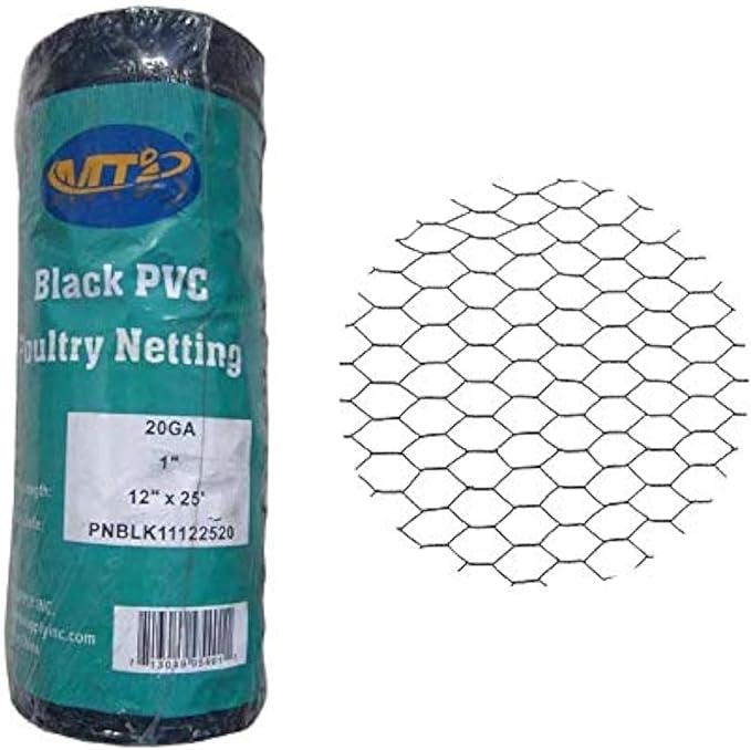 PVC Hexagonal Poultry Netting Chicken Wire 12" x25' x 1" Mesh 20GA Black