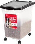 IRIS USA Airtight Dog Food Storage Container, WeatherPro, Up to 50 lbs, Removable Wheels, for Dog Cat Bird and Other Pet Food Storage Bin, Keep Fresh, Translucent Body, Made in USA, Clear/Black