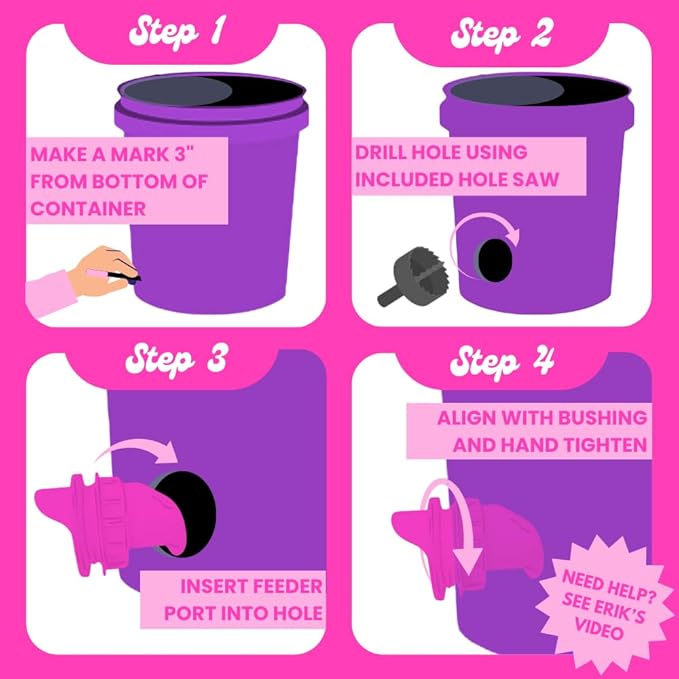 Hot Chicks Only | The Original Pink Poultry Pro Feeder DIY Port PVC Gravity Fed Chicken Feeder 3 Ports and Hole Saw | Rain Proof, Weather Resistant Chicken Feeder (Hot Chick Feeder Kit)