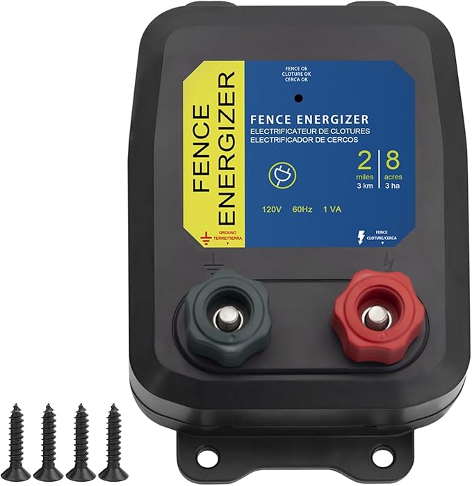 Electric Fence Charger PE2 – 0.10 Joule, 2-Mile/ 8 Acres Plug in Electric Fence Charger, for Dogs, Livestock, Squirrels, Chicken Coops,