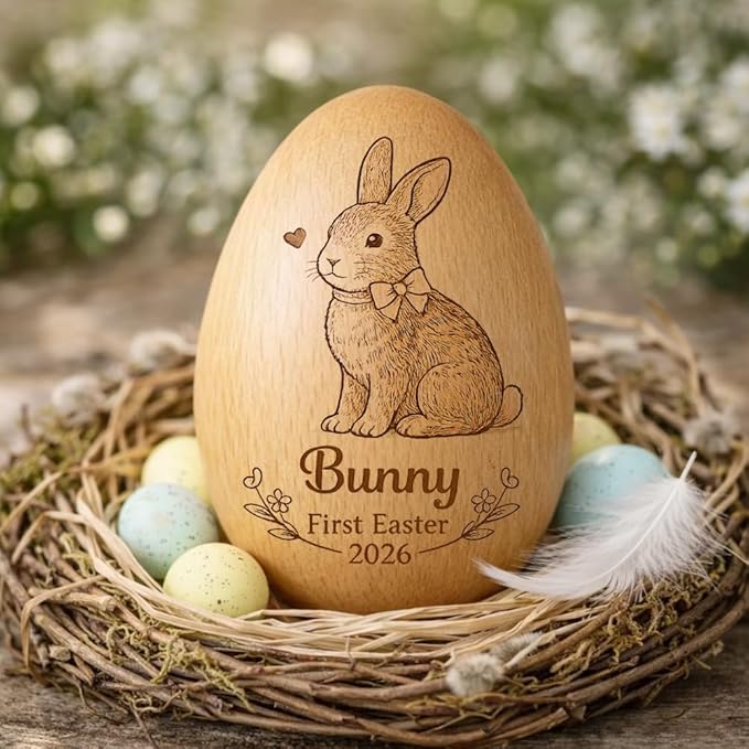 Personalized Wooden Easter Egg – Custom Engraved Bunny Name Egg, Baby First Easter Keepsake Gift, Rustic Wood Bunny Decor, Cute Basket Stuffer for Kids, Spring Holiday Gift for Baby Boy Girl/1