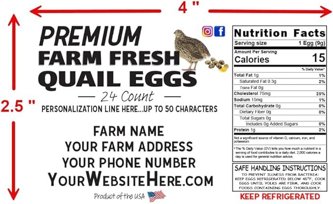 Jumbo Quail Egg Cartons with Custom Farm Labels for Coturnix Bobwhite Quail (24 Count, 100)