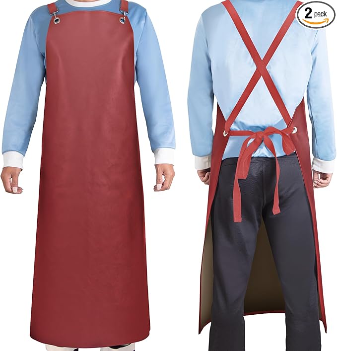 2 Pack Heavy Duty Vinyl Dishwasher Apron Adjustable Cross Back Strap for Dishwasher, Butcher, Dog Grooming, Chemical Resistant, 43" Long Thicker Apron Red