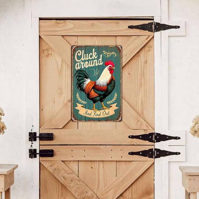 FunnySign Chicken Gifts Rooster Décor Cluck Around And Find Out Rustic Tin Sign For Home Farm Chicken Coop Decor 8x12 Inch (9703)
