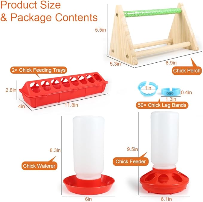 6PCS Chick Feeder and Waterer Set with Perch, 2 Feeders & 50 Chicken Leg Bands, Poultry Starter Kit for Baby Chicks, Ducks, Quail (0.3 Gal Waterer, 2.2Lb Feeder)