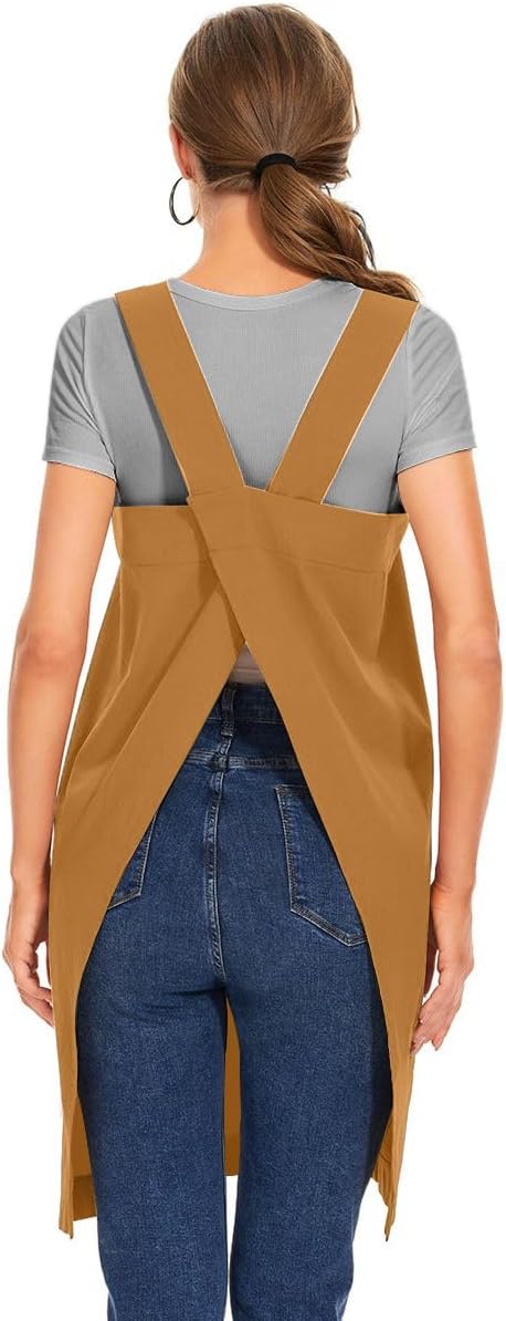 Larmliss Women's Cotton Cross Back Apron Pinafore Dress with Big Pockets Loose Square Apron for Baking Cooking Gardening