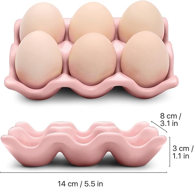 Flexzion Ceramic Egg Holder for Fridge - 6 Cups Egg Tray Half Dozen Porcelain Container Keeper Storage Organizer Decorative Serving Dish Serveware for Refrigerator Countertop Display Kitchen (Pink)