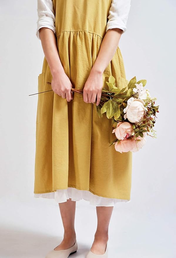 NEWGEM Cotton Linen Cross Back Apron for Women with Pockets for Cooking Cleaning Yellow without Waist Ties