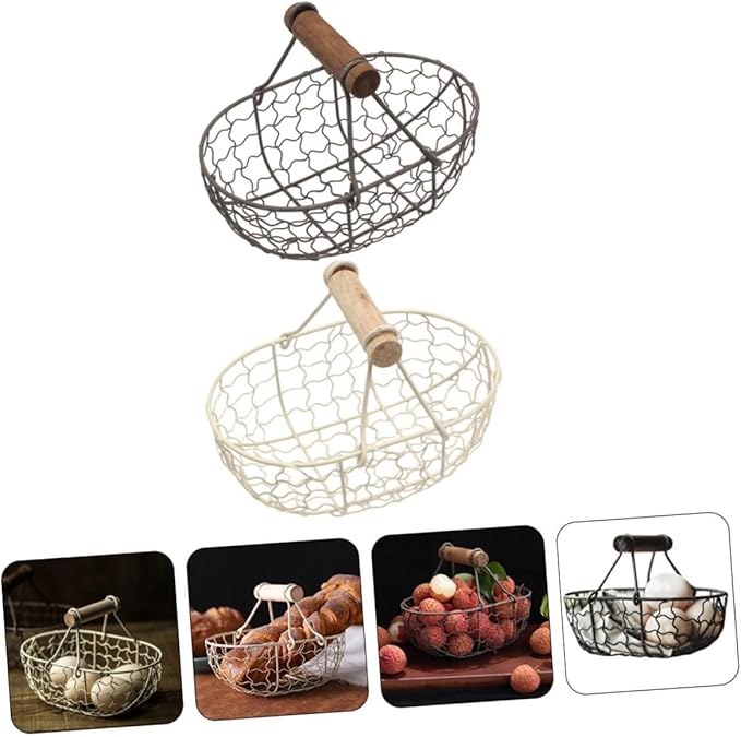 2pcs Vintage Farmhouse Style Wire Fruit and Bread Basket with Wooden Handles Multi-function Kitchen Storage Basket for Eggs and Snacks Gray and Cream for Countertop Organization