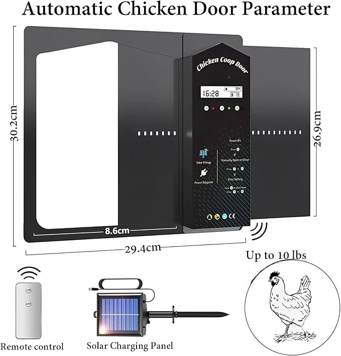 NEONMAN Automatic Chicken Coop Door Solar Powered, Automatic Chicken Cage, Large Programmable LCD Screen 3 Power Modes Safety Anti-Pinch, Suitable for Poultry