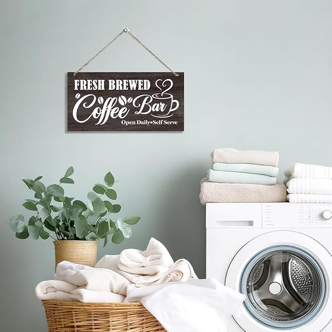 Coffee Wooden Hanging Decor Sign, Fresh Brewed Coffee Bar Open Daily Self Serve, Vintage Kitchen Decor, Rustic Farmhouse Cafe Pub Home Bar Decoration 12 x 6 Inches