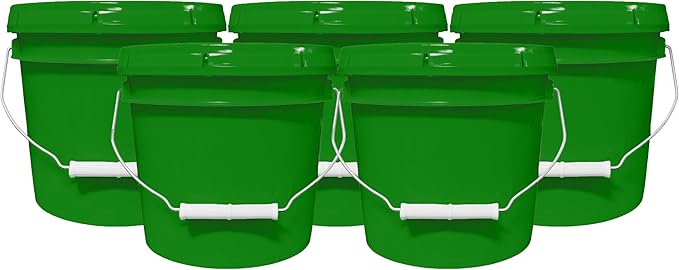 1-Gallon Bucket with Airtight Lid – Made in USA, Food Grade BPA Free Plastic, Heavy Duty Multi-Use, Metal Handle with Grip, Stackable Storage – Green, 5 Pack