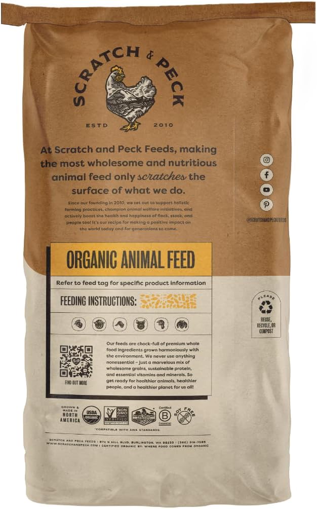 Scratch and Peck Feeds Whole Grain Layer Mash + Corn Chicken and Duck Feed - 40 lbs Bag - Soy-Free - 16% Protein, Certified Organic and Non-GMO Project Verified Chicken Food