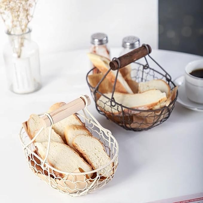 Metal Wire Basket with Wooden Handles Farmhouse Chicken Egg Storage Basket Vintage Country Style Metal Fruit Baskets Gathering Bin Container for Home Kitchen Wedding(Off-white)