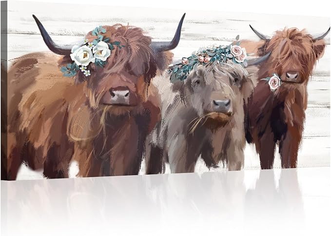 Highland Cow Canvas Wall Art: Cow Floral Picture Farmhouse Kitchen Decor Funny Animal Long Haired Scottish Cow Paintings Framed Rustic Country Wall Decor for Living Room Bedroom 20" x 40"
