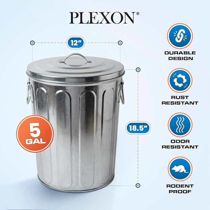 Plexon 5 Gallon Small Metal Trash Can with Lid Outdoor Galvanized Bucket with Lid 5 Gal Fireplace Ash Bucket for Wood Stove Storage Can for Dog Food Bird Seed Storage Container Rodent Pet Proof 2 Pack