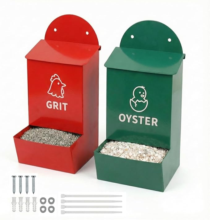 2 Pack No Waste Chicken Grit & Oyster Shell Feeder, Metal Gravity Poultry Dispenser with Rainproof Lids & Drain Holes, Wall Mounted Dual Compartment Mineral Holder, Rustproof