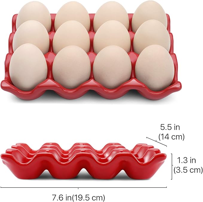 Flexzion Ceramic Egg Holder for Fridge - 12 Cups Egg Tray Whole Dozen Porcelain Container Keeper Storage Organizer Decorative Serving Stand Serveware for Countertop Display Kitchen (Red)