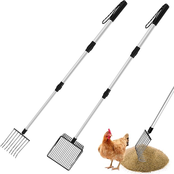 succulentlovers 2 Pack Chicken Poop Scooper & Chicken Coop Rake - Retractable Chicken Scoop 3 In 1 Sifting Shovel Detachable Chicken Coop Cleaning Tools for Chicken Coop Cleaning Supplies