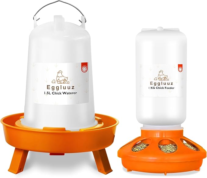 Chick Feeder and Waterer Kit Automatic Chicken Feeder and Waterer Set, 1L Chick Feeder and 1.5L Chick Waterer with 3 Heights Adjustable Legs