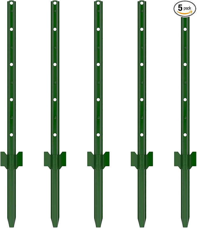 Fence Posts 5 Feet, Pack of 5, 3-4-5-6-7Ft Heavy Duty Garden Metal Steel Fence Post with U-Channel, No Dig Steel U Post Fencing for Lawn, Garden
