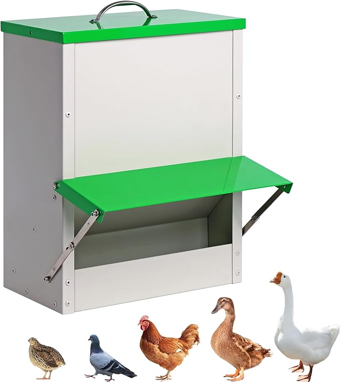 25lb Automatic Chicken Feeders Metal Poultry Feeder no Waste Large Chicken Coop Feeders with Lid Hanging Chicken Feeder Trough for Quail Chickens Ducks Feeder Outside Waterproof Chicken Feeder