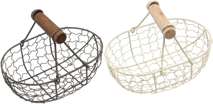VICASKY 2pcs Retro Vintage Wire Storage Baskets with Wooden Handles, Farmhouse Style Metal Fruit and Egg Collecting Basket Set for Kitchen and Household Organization