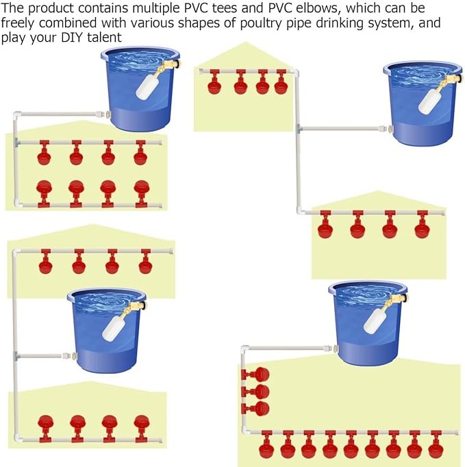 Complete Set Pipeline Automatic Chicken Waterer System,1/2" PVC Pipe Accessories DIY Kit with 2 Hose,chicken water cup,chicken waters,poultry waterer,Duck water feeder for Quail Chicken Duck Goose
