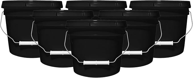 2-Gallon Bucket with Airtight Lid – Made in USA, Food Grade BPA Free Plastic, Heavy Duty Multi-Use, Metal Handle with Grip, Stackable Storage – Black, 6 Pack