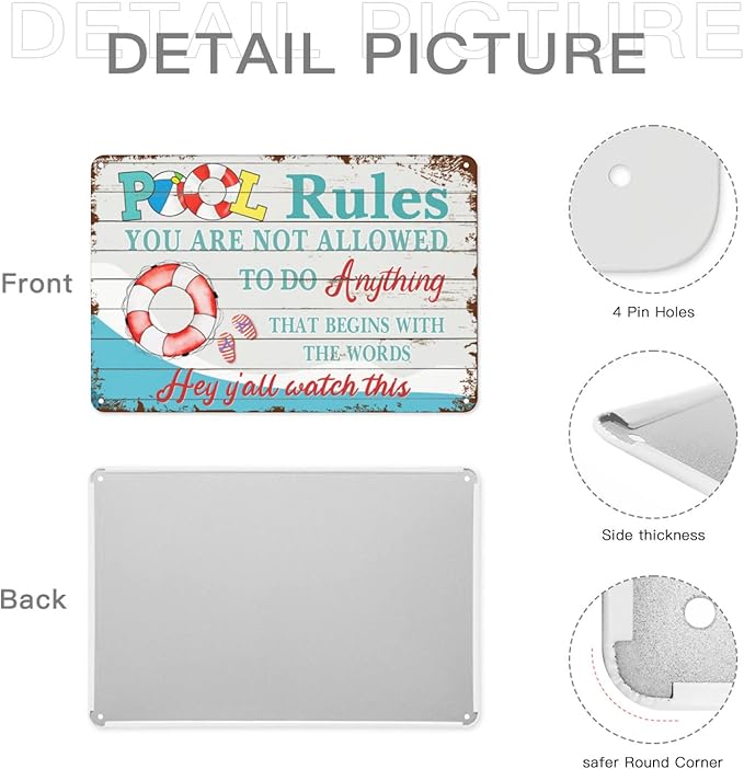 Pool Rules Sign - Hot Tub Sign 12"x 8" Pool Sign For Bundle 4 Pieces Pool Area Decorations Outdoor, Decor Funny For Swimming Pool Rules Gifts Garage Office Craft Room Living Room