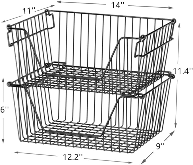 Slideep Wire Storage Baskets for Organizing, 4 Pack 14'' Stacking Metal Wire Freezer Organizer Bins with Handles, Large Pantry Baskets for Kitchen Cabinets, Bathroom, Laundry, Garage, Black
