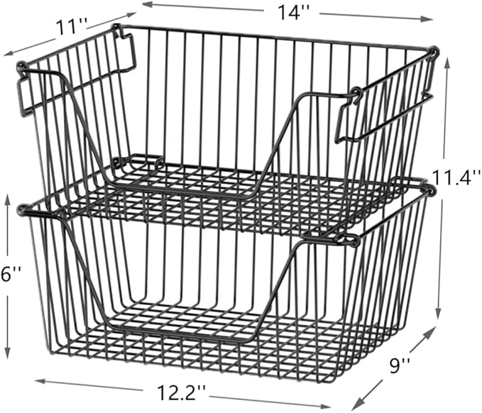 Slideep 14'' Black Stackable Storage Baskets Sturdy Metal Wire Freezer Bins Cabinet Organizer for Pantry Home Bathroom Kitchen Organization- Set of 2