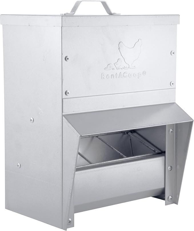 RentACoop Metal Trough Feeder with Lid - Outdoor Use, Rainproof - Suitable for Chicken, Bantams, Poultry, Pheasants, and Turkey - 10lb Capacity