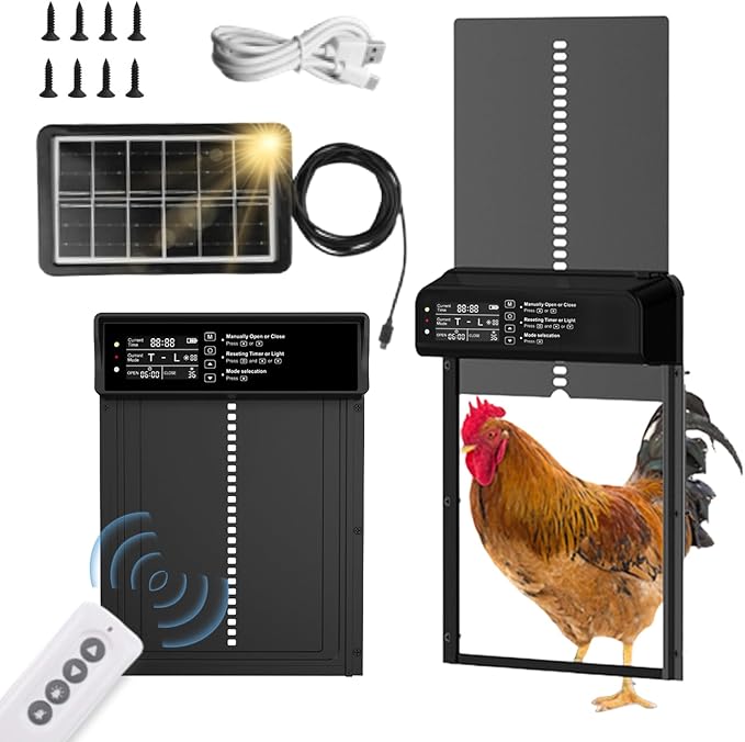 Automatic Chicken Coop Door Opener Solar Powered, Large for Run Chicken | LED Screen, Timer, Light Sensor, Manual & Remote Control, Anti-Pinch, Aluminum Alloy, Abnormally Open Close Auto Alarm