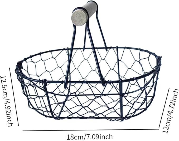 Metal Wire Egg Basket, Iron Storage Basket Farmhouse Kitchen Organizer Rustic Retro Vegetables Basket Oval for Tabletop Home, Black