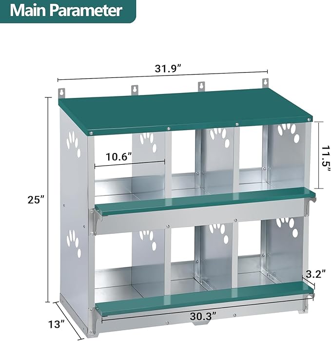 Rustproof Galvanized Steel Build - Chicken Nesting Box for Small Animals - 6 Compartments, Large Vented Holes, Easy Clean, Secure Egg Collection, Wall-Mounted - Green, 6 Compartments ZW