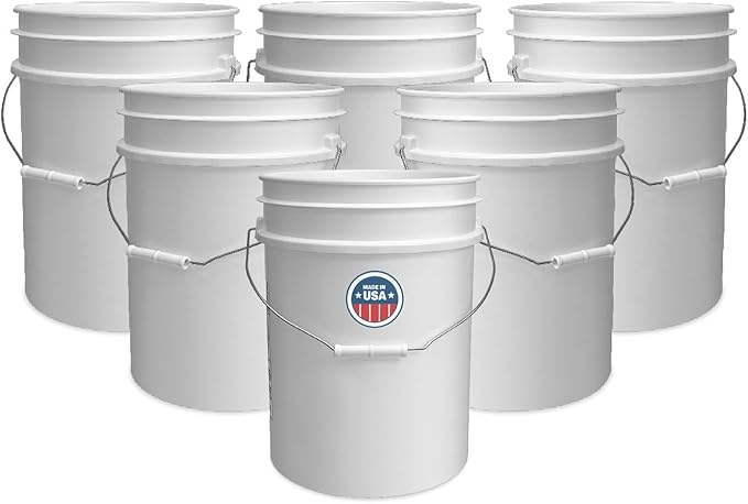 5 Gallon Bucket Only | Made in USA | Food Grade | Durable 90 Mil All Purpose Pail | BPA Free | Premium HPDE | Easy Stack and Store | Lids Not Included (White, 6)
