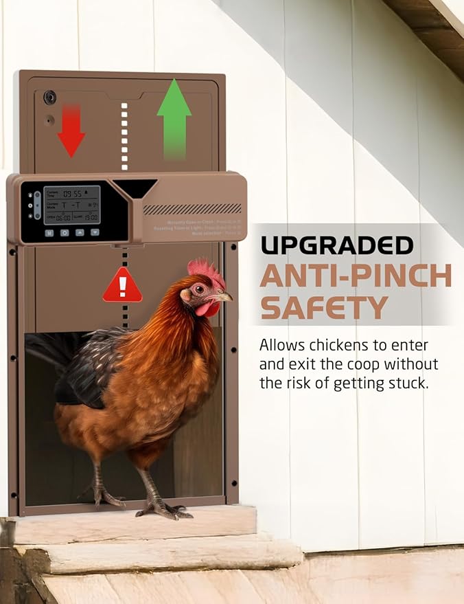 Upgraded Large Automatic Chicken Coop Door - Solar,Battery Powered Chicken Door Opener | Timer,Light Sensor,Remote,Manual Control | Anti-Pinch, Predator Proof All-Weather Resistance Coop Door