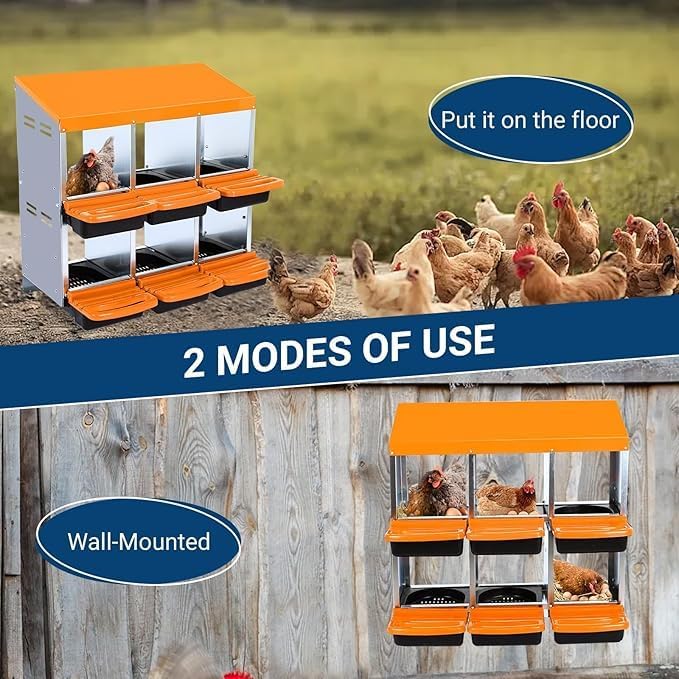 Chicken Nesting Box, 6-Compartment Egg Laying Box, Convenient for Collecting Eggs, Ventilated Poultry House Equipment in Metal Chicken Coop, Suitable for Hens and Ducks, (Orange, Without Stand)