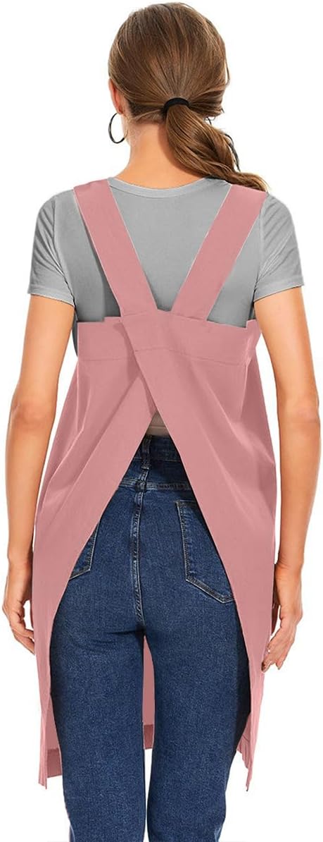 Larmliss Women's Cotton Cross Back Apron Pinafore Dress with Big Pockets Loose Square Apron for Baking Cooking Gardening