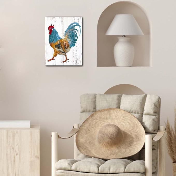Rooster Kitchen Canvas Wall Art: Rustic Farmhouse Painting Poster - Chicken Artwork Decoration for Home Living Room Bedroom, Framed Picture Prints Decor Ready to Hang (10"x 15")