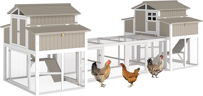230.72"L 2-Story Chicken Coop with Extra Run Cage,Chicken House Hen House with 4 Large Nesting Boxes,Expandable Poultry Cage for 8-12 Chicken with 12 Perching Bars,Pull-out Tray,Ramps(GREY)