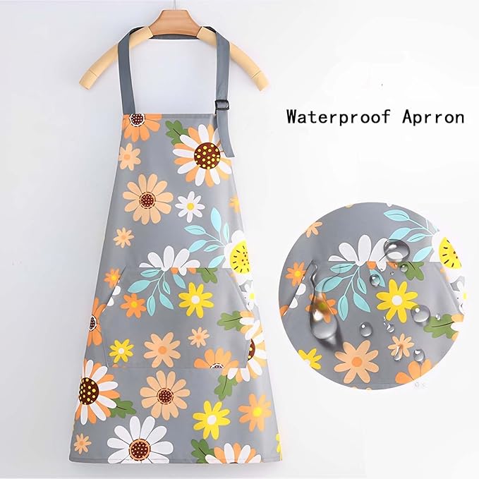 Floral Aprons with Pocket Blooming Women Waterproof Apron Adjustable Neck Long Ties Women Men Cook Baking Garden