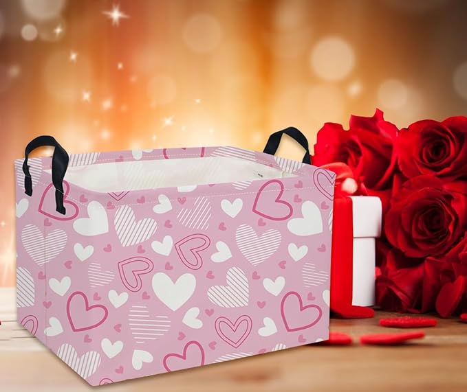 Rectangular Valentine's Day Baskets,Heart Basket,Pink Girls Basket Kids Storage Bin Love Room Decor for Home.(Pink Striped Heart)