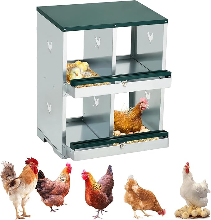 4-Hole Chicken Nesting Box, Large Ventilated Galvanized Steel Laying Box with Compartments, Wall-Mounted, Easy Egg Collection & Cleaning, Roll Away Nest Box for Coop - Green