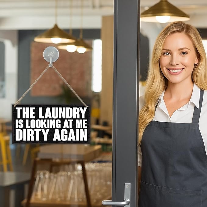 Humor Laundry Room Decor Sign, The Laundry is Looking at Me Dirty Again, Funny Bathroom Sign Wall Decor, Washing Room Decoration with Rope Hanging 12 x 6 Inches