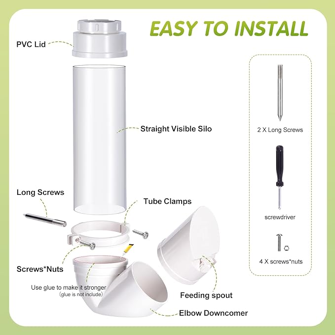 Automatic Chicken Feeder No Waste,6lb Capacity Large PVC Poultry Gravity Feeder with Lid and Visual Tube,Poultry Hanging Chicken Coop Feeder Port for Quails,Ducks,Turkeys,Geese