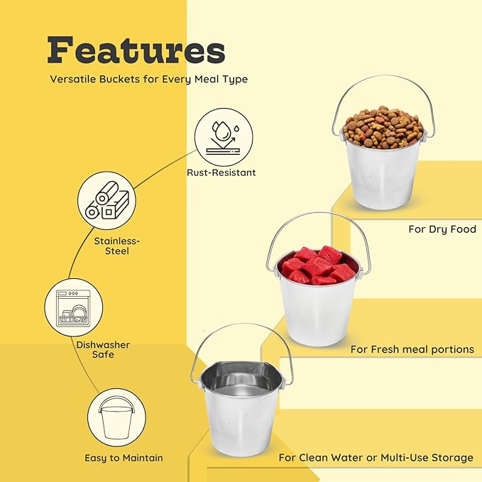 Flat Side Stainless Steel Bucket 6 Quart Hanging Feeding Utility Pail for XL Dog Goat Sheep Livestock, Fits Kennel Cage Crate Farm, Heavy Duty Food & Water Feeder, 1.5 Gallon Silver 2Pack