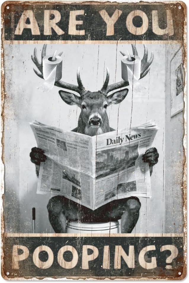 WADORN Funny Deer Vintage Metal Tin Sign, 8x12 Inch Are You Pooping Deer Retro Tin Sign Black and White Bathroom Wall Art Decor Plaque Gift for Home Bathroom Toilet Restroom Shower Room Washroom
